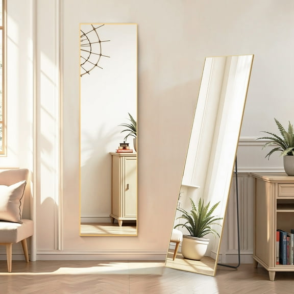 TINKLE WELL 59"x16" Full Length Metal Rectangle Floor Mirrors，Gold