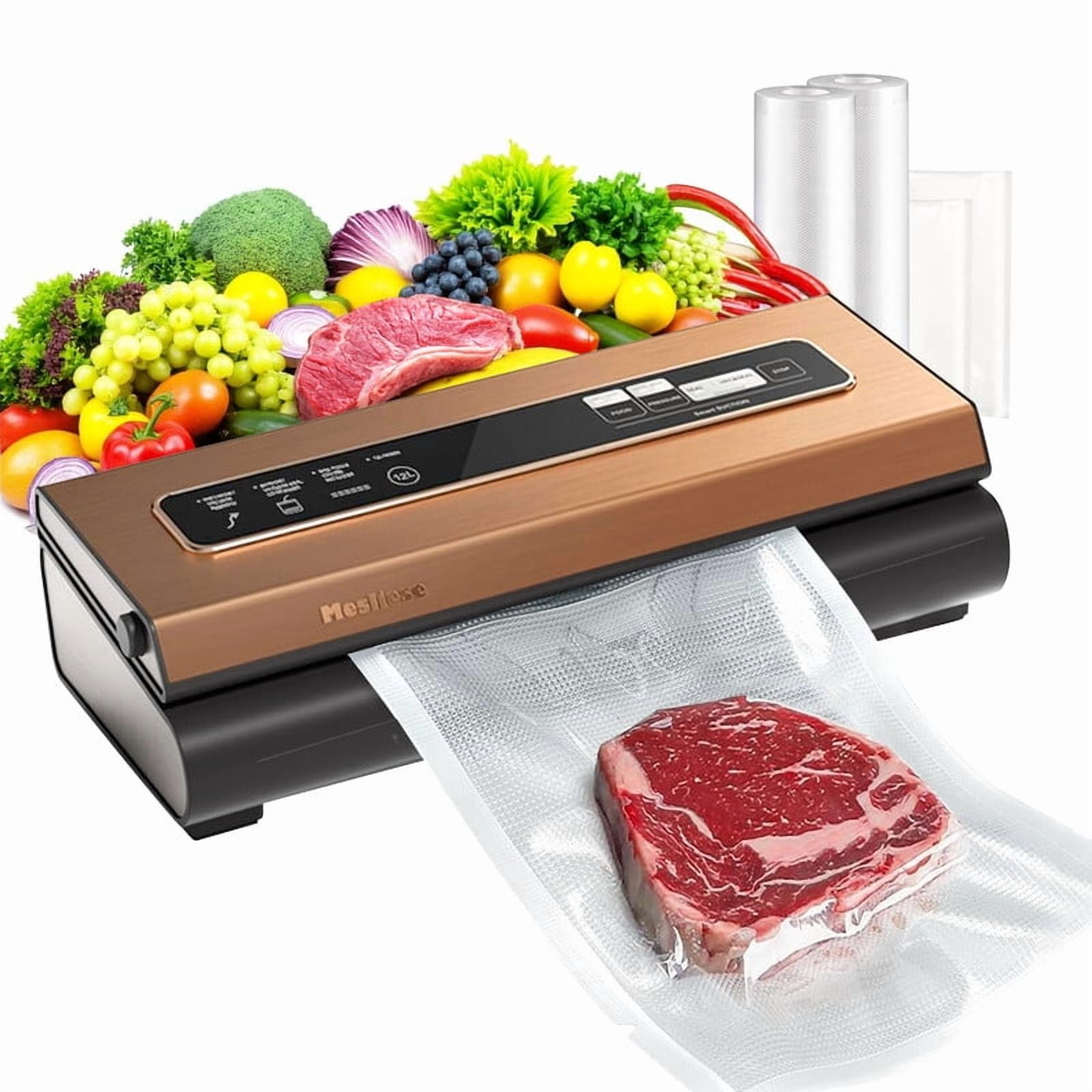 TINKLE WELL 6-in-1 Compact Vacuum Sealer Machine, Food Preservation System with Dry & Moist Modes, Includes 2 Bag Rolls + 5 Pre-Cut Bags, Cutter & ETL Listed, Gold