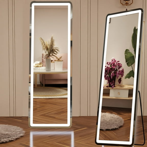 TINKLE WELL 64" x 21" LED Rectangular Full Length Standing Floor Mirror with Safe Corners for Bedroom, White