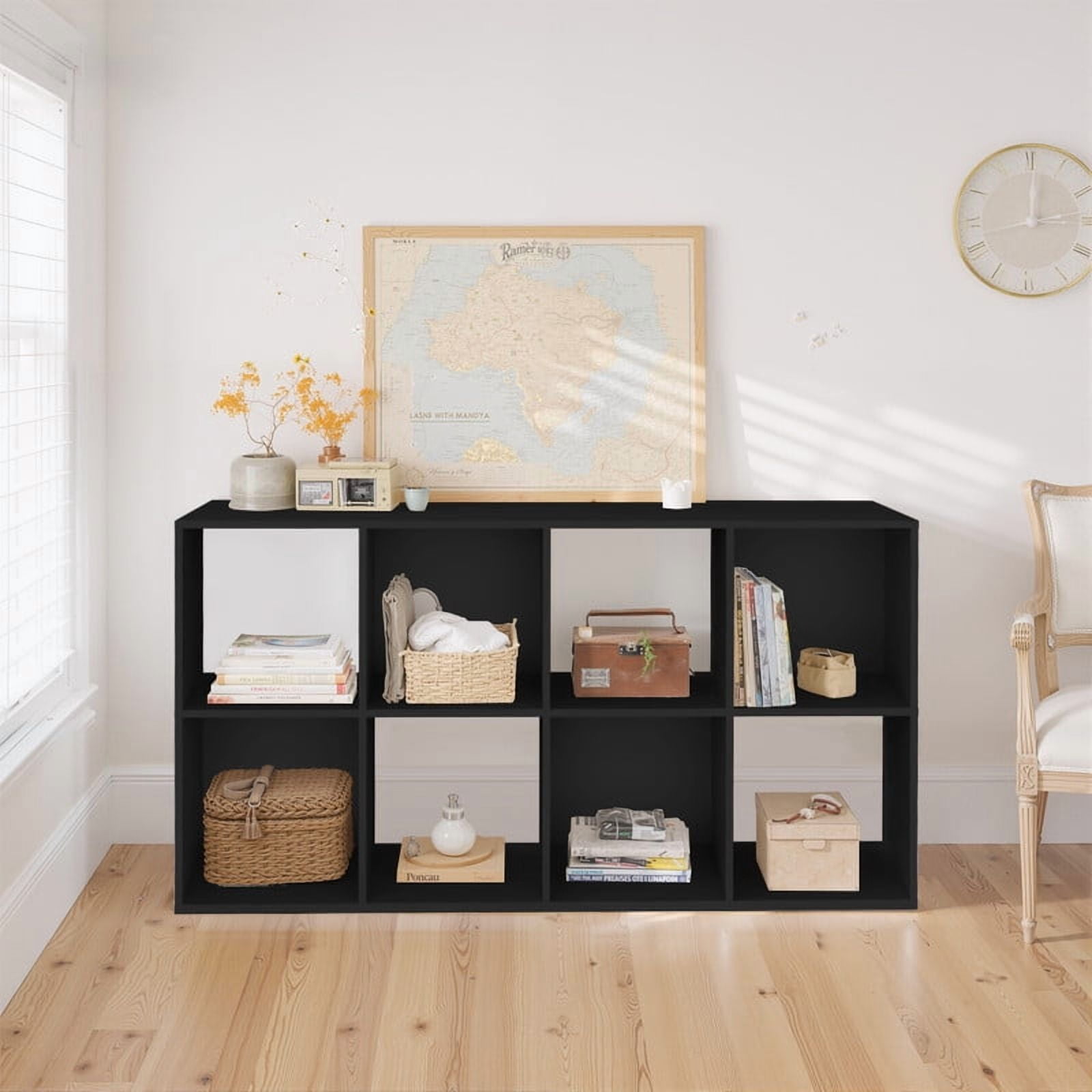 TINKLE WELL 8-Cube Storage Shelf Organizer, Bookcase with Removable Back Panels, Adjustable White Wood Bookcase for Living Room, Home Office, Black