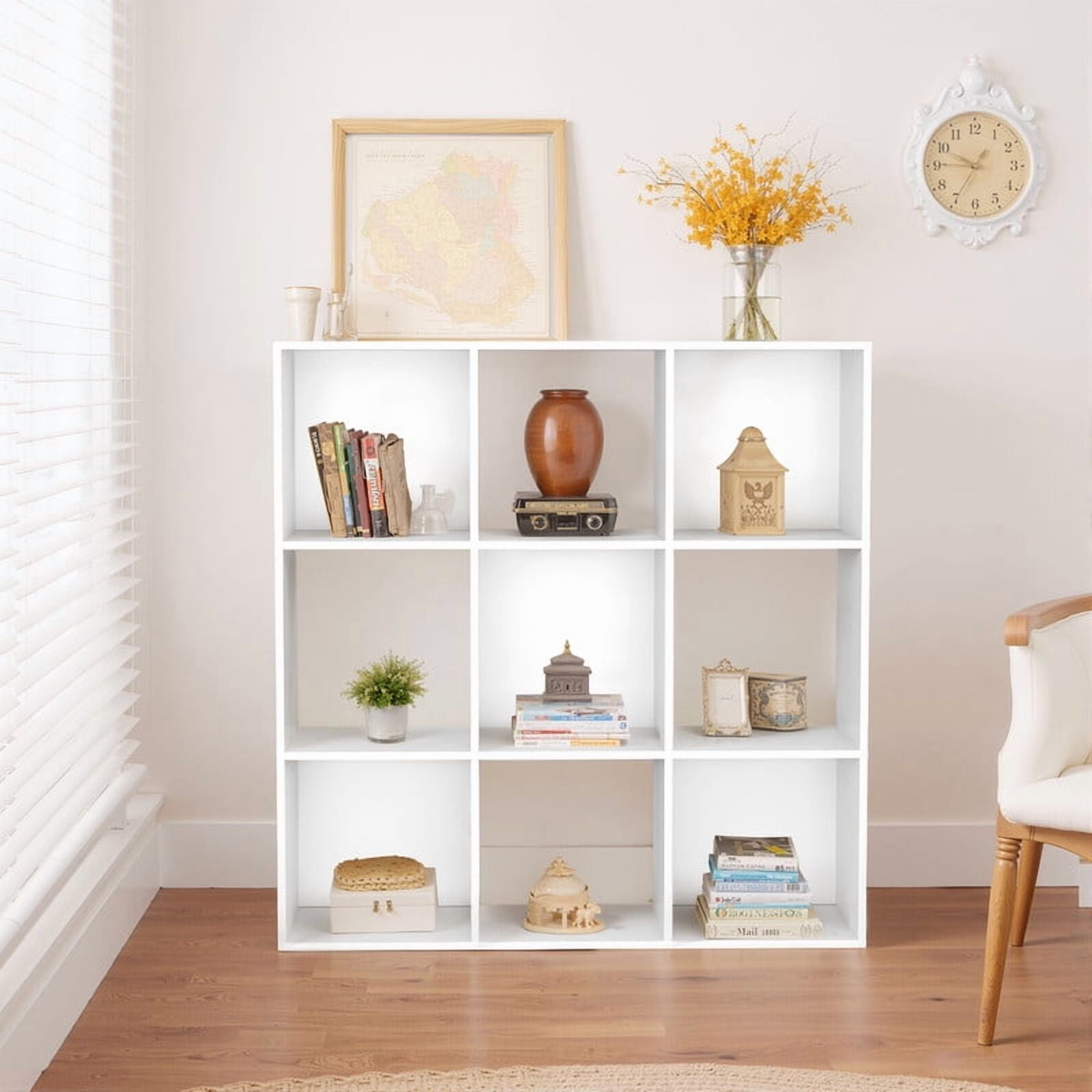 TINKLE WELL 9-Cube Storage Shelf Organizer, Bookcase with Removable Back Panels, Adjustable White Wood Bookcase for Living Room, Home Office, White