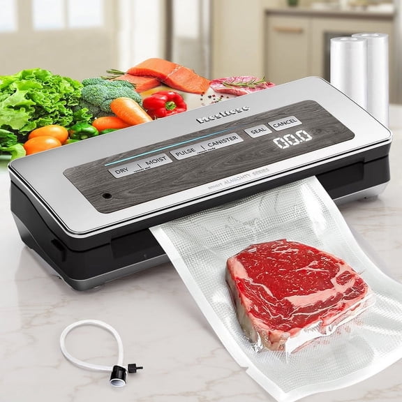 TINKLE WELL All-in-One Vacuum Sealer Machine, Wide Seal Bar for Powerful Food Storage, Built-in Cutter & Bag Storage, Digital Countdown Display, Gray
