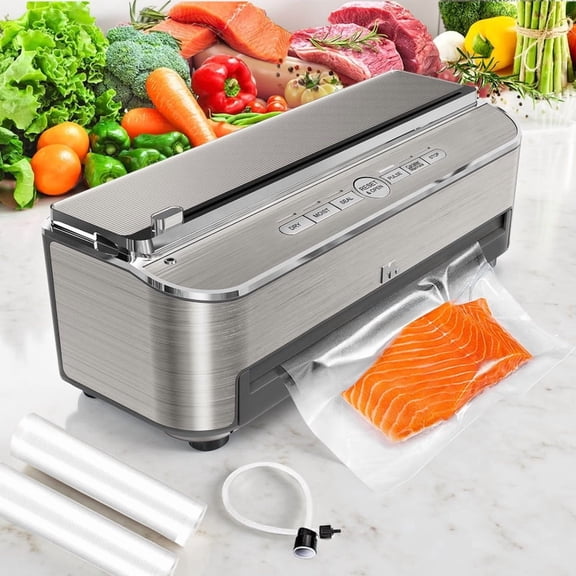 TINKLE WELL Automatic Vacuum Sealer Machine, 120W Powerful Sealing System, Built-in Cutter & Bag Storage, Includes 2 Rolls + 5 Pre-Cut Bags, Moist Mode & Air Suction Hose for Liquid Foods