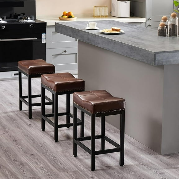 TINKLE WELL Bar Stools Counter Height - 24 Inch Saddle Stools, PU Leather Modern Kitchen Barstools with Metal Base Footrest,Brown,Set of 2