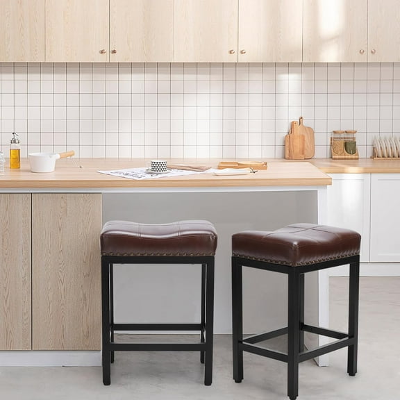 TINKLE WELL Bar Stools Counter Height - 24 Inch Saddle Stools, PU Leather Modern Kitchen Barstools with Metal Base Footrest,Brown,Set of 4