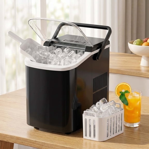 TINKLE WELL Countertop Ice Maker, Portable Ice Maker Machine, 26 lbs/Day Fast Ice in 6 Mins, Self-Cleaning Bullet Ice Maker with Handle for Home, RV, Camping, Black