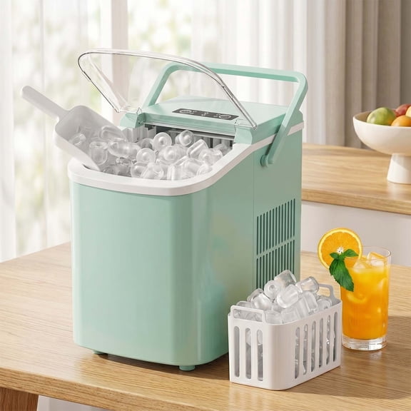 TINKLE WELL Countertop Ice Maker, Portable Ice Maker Machine, 26 lbs/Day Fast Ice in 6 Mins, Self-Cleaning Bullet Ice Maker with Handle for Home, RV, Camping, Green