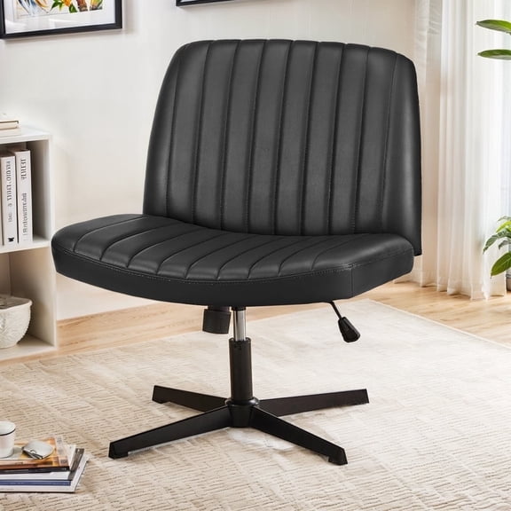 TINKLE WELL Criss-Cross Legged Armless Chair with Wide Seat, Height-adjustable tilt and swivel, and Soft Leather for Home Office, Bedroom, Study Room, and Student Desk Seating, Black
