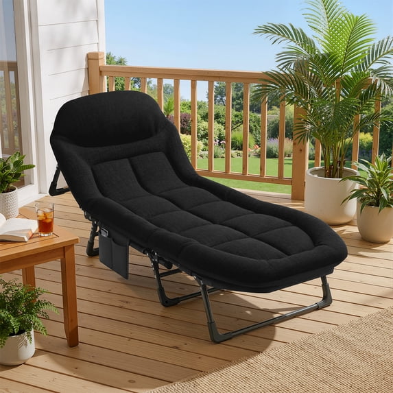 TINKLE WELL Folding Camping Cot with Padded Cushion, 71" Heavy Duty Bed for Adult, Oxford Fabric & Steel Frame, Compact Portable Carry, Black