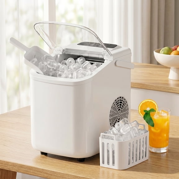 TINKLE WELL Ice Maker Machine, Countertop Portable Ice Maker with Handle, 26 lbs/Day Bullet Ice Cubes, Self-Cleaning Ice Machine with Basket and Scoop for Home, Party, RV, Camping, White