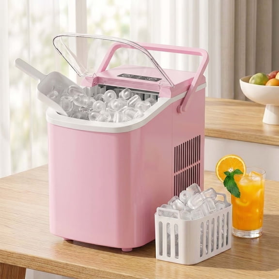 TINKLE WELL Ice Maker Machine, Countertop Portable Ice Maker with Handle, 26 lbs/Day Bullet Ice Cubes, Self-Cleaning Ice Machine with Basket and Scoop for Home, Party, RV, Camping, Pink