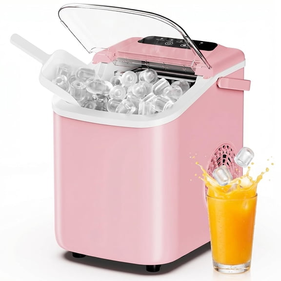 TINKLE WELL Ice Maker Machine, Countertop Portable Ice Maker with Handle, 26 lbs/Day Bullet Ice Cubes, Self-Cleaning Ice Machine with Basket and Scoop for Home, Party, RV, Camping, Pink