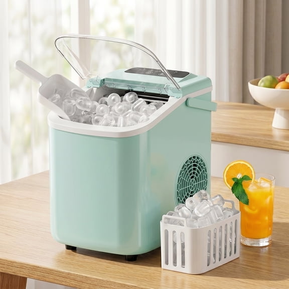 TINKLE WELL Ice Maker Machine, Countertop Portable Ice Maker with Handle, 26 lbs/Day Bullet Ice Cubes, Self-Cleaning Ice Machine with Basket and Scoop for Home, Party, RV, Camping, Green