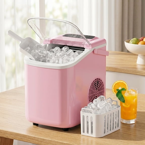 TINKLE WELL Ice Maker Machine, Countertop Portable Ice Maker with Handle, 26 lbs/Day Bullet Ice Cubes, Self-Cleaning Ice Machine with Basket and Scoop for Home, Party, RV, Camping, Pink