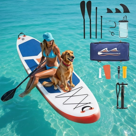 TINKLE WELL Inflatable Stand Up Paddle Board (SUP) Kit, Ultra-Stable Wide Design w/Non-Slip Deck & 2-in-1 Adjustable Paddle, Complete Set for Beginners/Experts, Youth & Adults, Organe