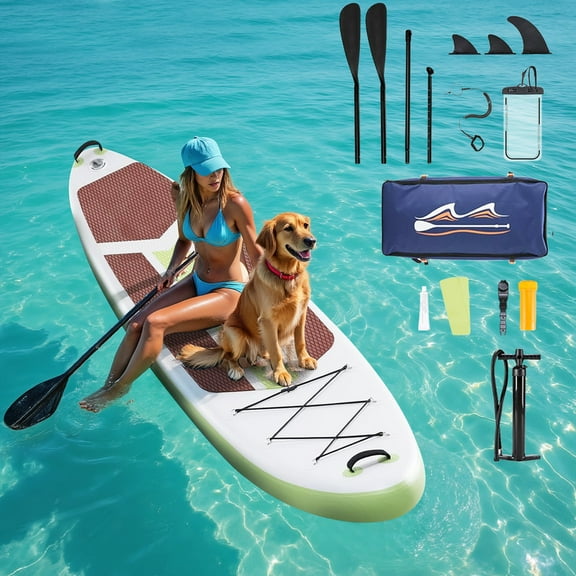 TINKLE WELL Inflatable Stand Up Paddle Board (SUP) Kit, Ultra-Stable Wide Design w/Non-Slip Deck & 2-in-1 Adjustable Paddle, Complete Set for Beginners/Experts, Youth & Adults, Brown