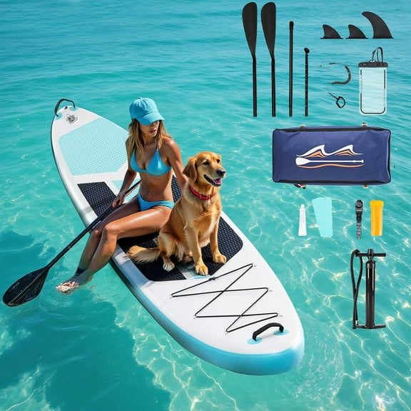 TINKLE WELL Inflatable Stand Up Paddle Board (SUP) Kit, Ultra-Stable Wide Design w/Non-Slip Deck & 2-in-1 Adjustable Paddle, Complete Set for Beginners/Experts, Youth & Adults, Blue