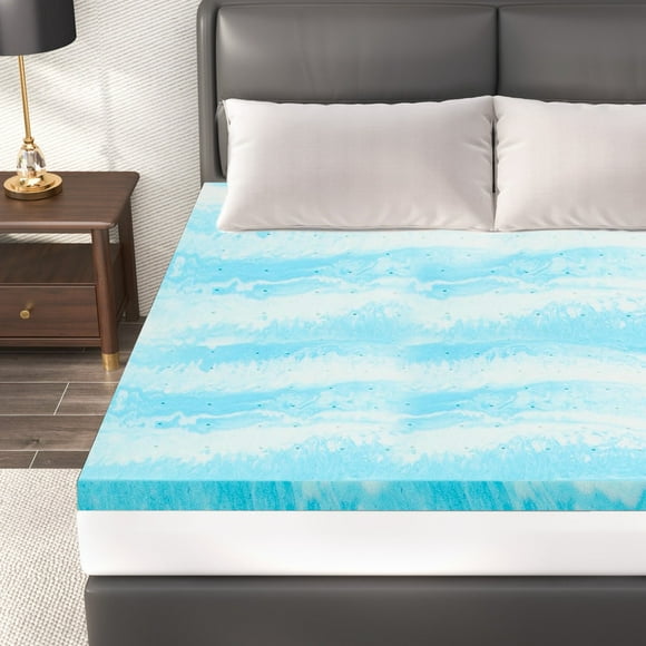 TINKLE WELL Memory Foam Mattress, 2" Thick Gel-Infused Cooling, Queen Size, CertiPUR-US Certified for Cooler, Pressure-Relieving Sleep, Blue
