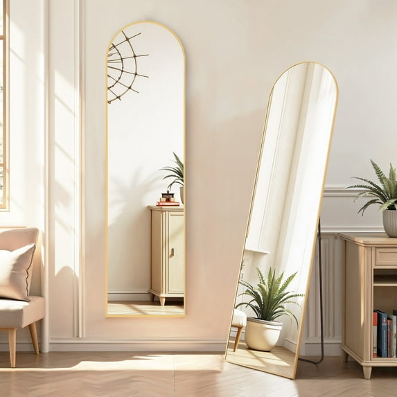 TINKLE WELL Metal Framed Arched Full Length Mirror 59"x16", Floor Standing, Gold