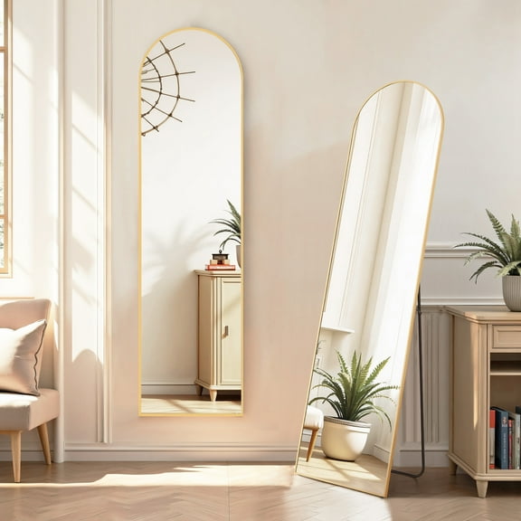TINKLE WELL Metal Framed Arched Full Length Mirror 59"x16", Floor Standing, Gold