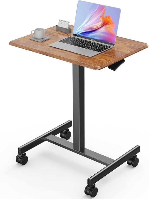 TINKLE WELL Mobile Standing Desk, Height-Adjustable Portable Rolling Laptop Workstation with Lockable Wheels, Sit-Stand Desk, Brown