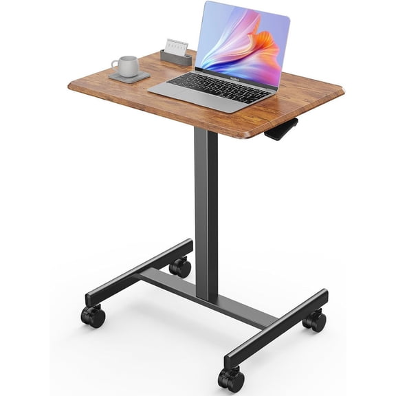 TINKLE WELL Mobile Standing Desk, Height-Adjustable Portable Rolling Laptop Workstation with Lockable Wheels, Sit-Stand Desk, Brown