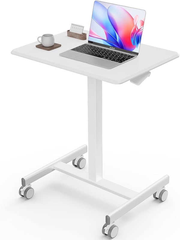 TINKLE WELL Mobile Standing Desk, Height-Adjustable Portable Rolling Laptop Workstation with Lockable Wheels, Sit-Stand Desk, White