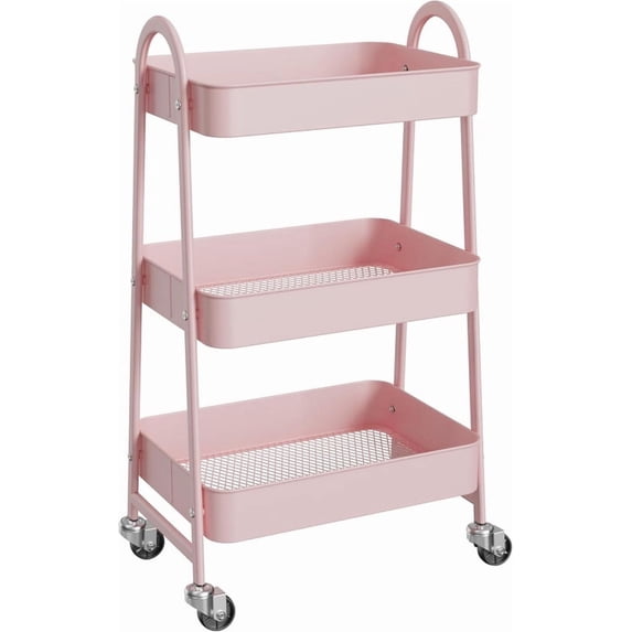 TINKLE WELL Multi-Purpose Rolling Utility Cart, 3-Shelf Duty Metal Organizer with Locking Wheels and Handle, Mobile Storage for Home Kitchen, Bathroom & Office, Pink