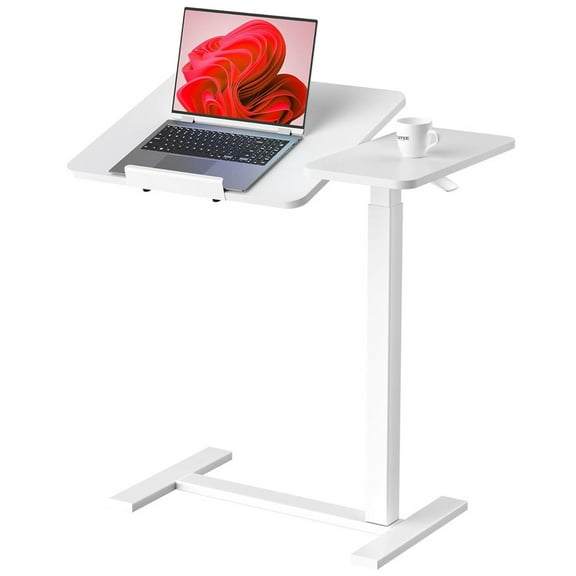 TINKLE WELL Overbed Bedside Mobile Table, Adjustable Table with Wheels - Height & Angle-Tilting Desktop for Home, Office, or Hospital Use, White