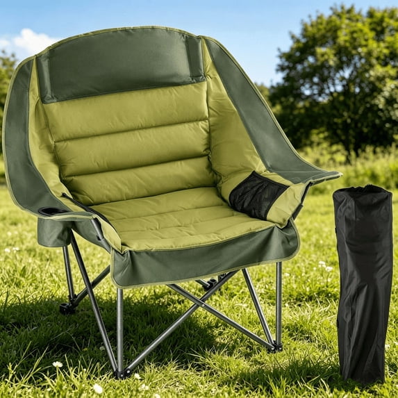 TINKLE WELL Oversized Folding Camping Chair, Padded Chair with Cup Holders & Carry Bag, 450 lbs Heavy Duty, Portable for Outdoor, Beach, Fishing, Green