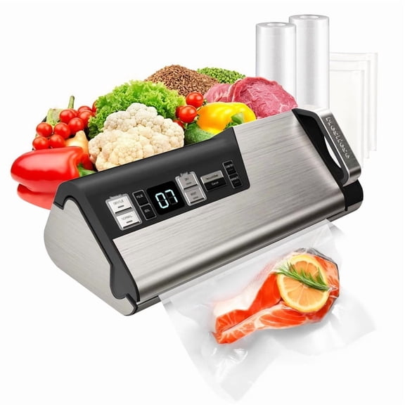 TINKLE WELL Powerful Vacuum Sealer, One-Hand Operation, Double Sealing Strips, Built-in Cutter, Timer Display, with 2 Bag Rolls & 5 Pre-cut Bags, Sliver