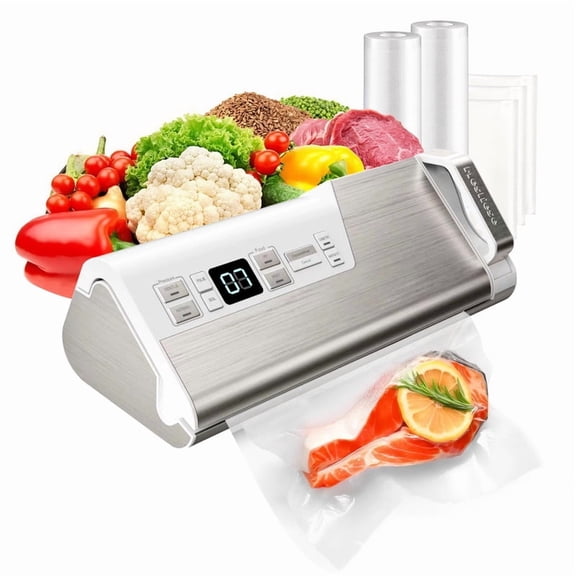 TINKLE WELL Powerful Vacuum Sealer, One-Hand Operation, Double Sealing Strips, Built-in Cutter, Timer Display, with 2 Bag Rolls & 5 Pre-cut Bags, White