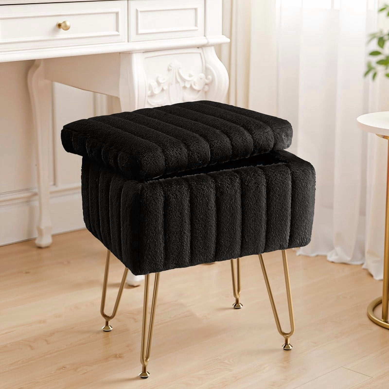 TINKLE WELL, Storage Vanity Stool Chair, 80% imitation fur, Black