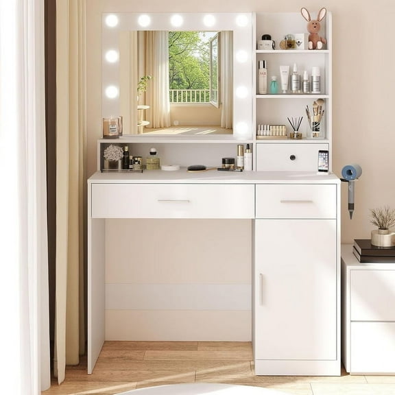 TINKLE WELL Vanity Desk with Mirror & LED Lights, Makeup Cabinet with 3 Drawers & 3 Shelves, Power Outlet & 3 Adjustable Lighting, White