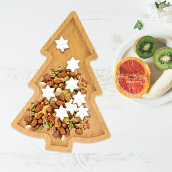 IMIKEYA Wooden Xmas Tree Food Plate Khaki Color for Party Snacks Appetizers and Fruits
