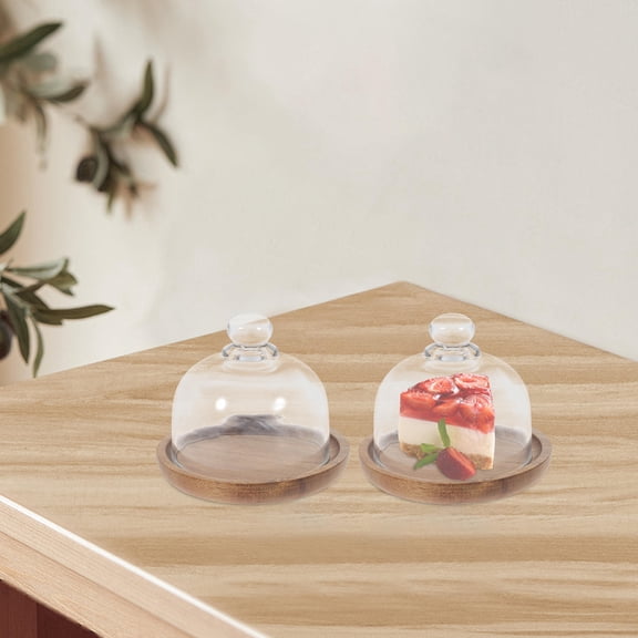 NICEXMAS Glass and Wood Cake Stand with Stable Base for Food Storage and Display, Set of 2 Elegant Dessert Holders