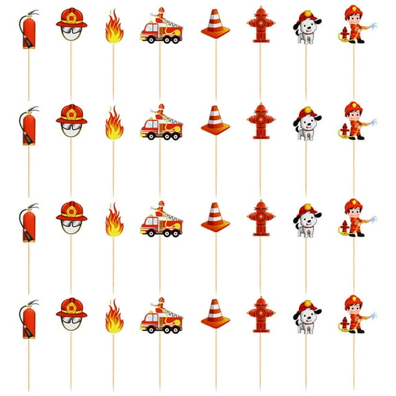 NICEXMAS 32PCS Fireman Cake Decoration Wood Assorted Color Decoration Fire Engine Rescue Theme Party