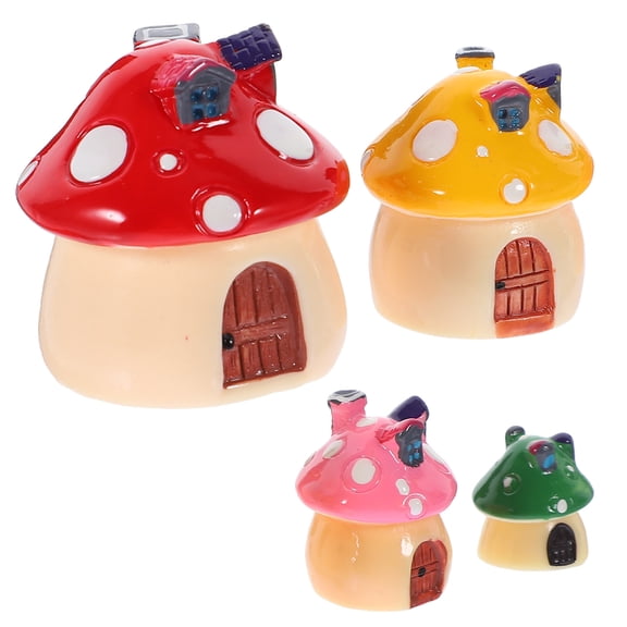 NICEXMAS 4-Piece Red Mushroom House Miniature Figurines Set, Resin Tabletop Decor for Home, Office, Garden Display