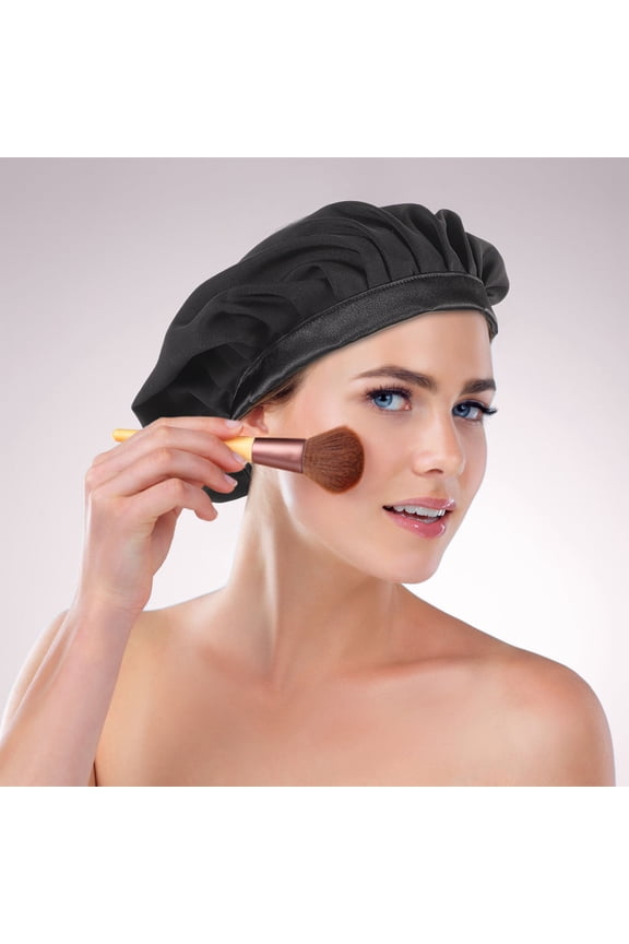 Adjustable Sleep Bonnet Hair Protection Black Imitated Silk Fabric for Women 1Pack