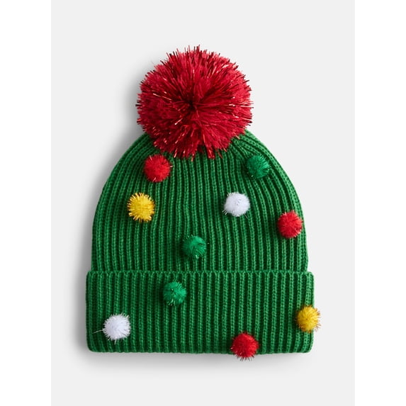 Holiday Time Women's Tinsel Pom Pom Beanie Hat, Green