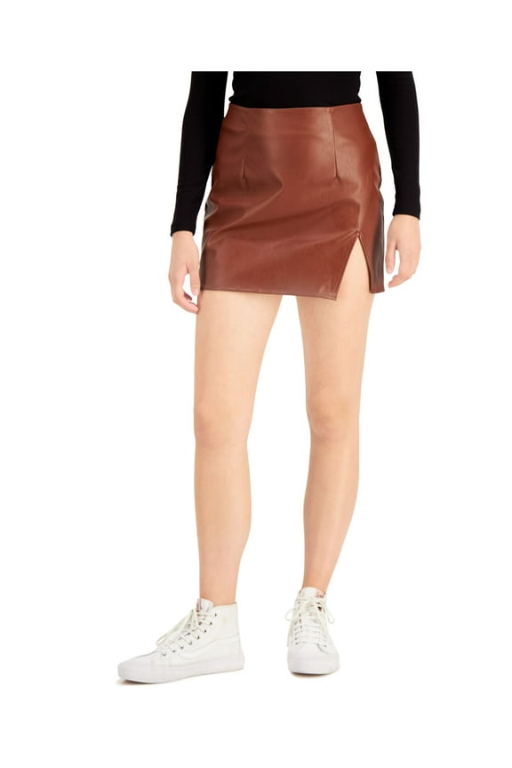 Womens Brown Faux Leather Slitted Zippered Lined Mini Party Body Con Skirt Juniors L