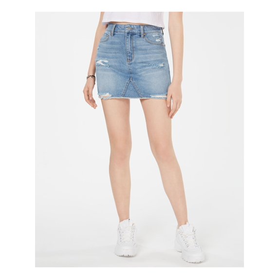 TINSELTOWN Womens Light Blue Stretch Pocketed Zippered Raw-hem Ripped Denim Mini Pencil Skirt Juniors 5