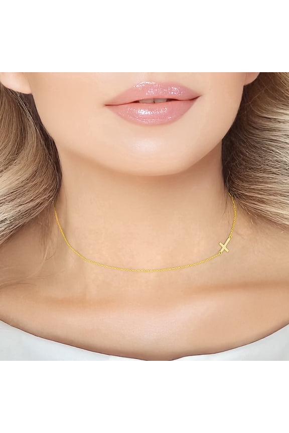 TINY SIDEWAYS CROSS DAINTY NECKLACE ADJUSTABLE YELLOW GOLD OVERLAY