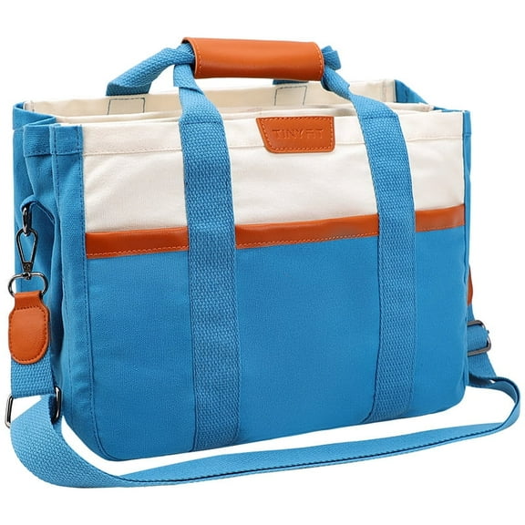 TINYAT Canvas Tote Bag with Multi- Pockets for Women Large Crossbody Shoulder Laptop Bag for Work Travel Messenger Bag Blue.