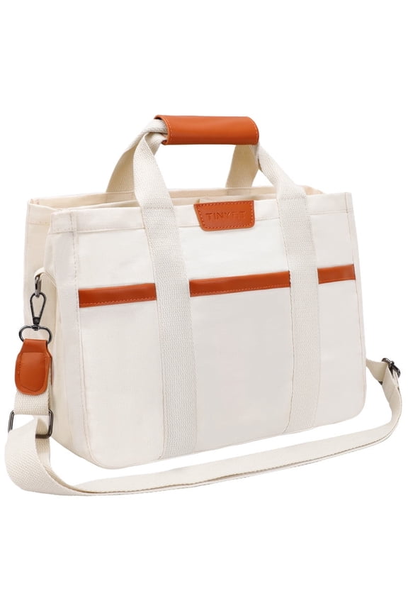 Canvas Tote Bag for Women Large Crossbody Shoulder Handbag with Multi- Pockets Messenger Bag for Work Travel White