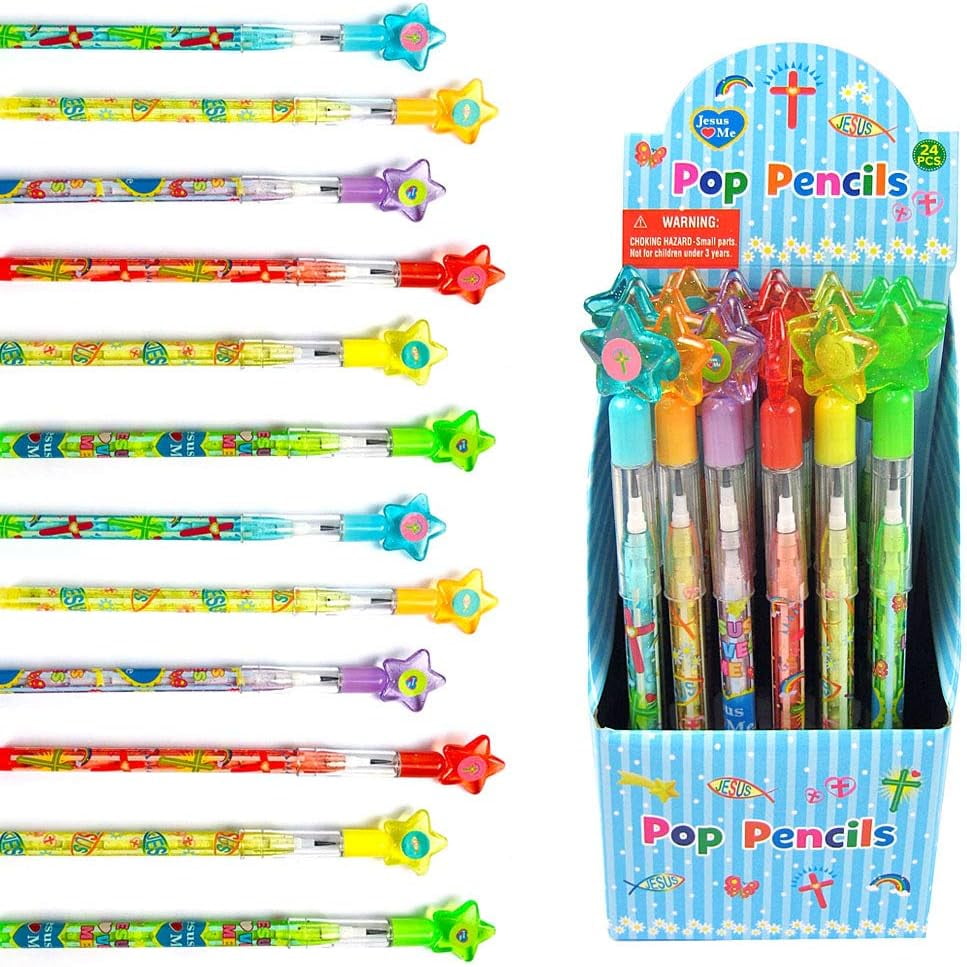 Display of packs of 8 pencils with glitter finish and eraser