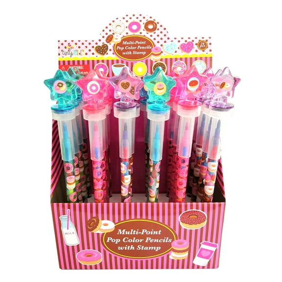 TINYMILLS 24 Pcs Donuts Pop Color Pencils with Stamper for Arts & Crafts Party Favors