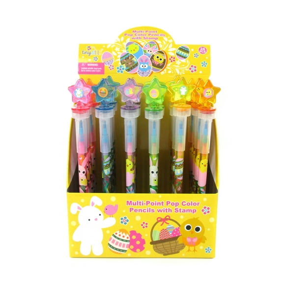 TINYMILLS 24 Pcs Easter 2 in 1 Stackable Stacking Crayon with Extra Stamper Topper, Easter Basket Filler