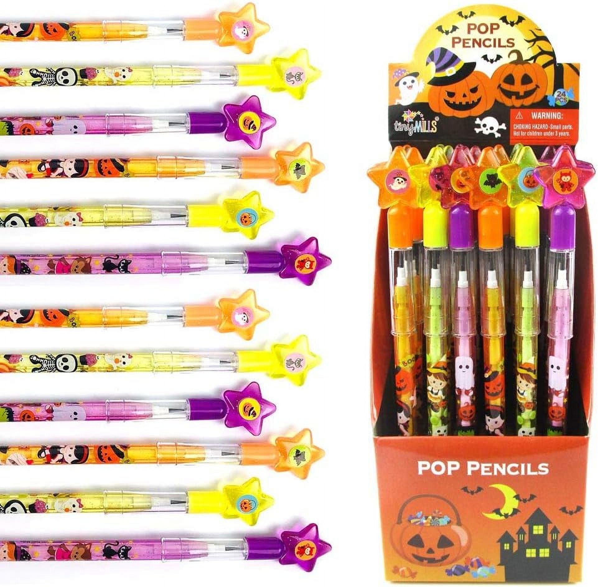 TINYMILLS 24 Pcs Halloween Multi Point Stackable Push Pencil Assortment with Eraser for Halloween Party Favor Prize Carnival