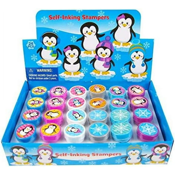 Tinymills 24 Pcs Pre-Inked Penguin Stampers, 12 Assorted Designs, Kids Gifts, Classroom Crafts, Party Favors